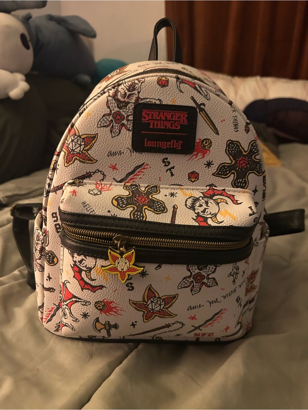 Loungefly White Stranger Things Mini Backpack with Multicolor Tattoo Print